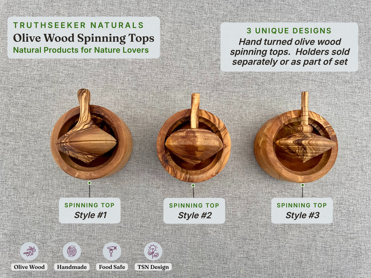 Olive Wood Spinning Top Gift Set — Set of 3 Tops, 3 Holders & Free Platform