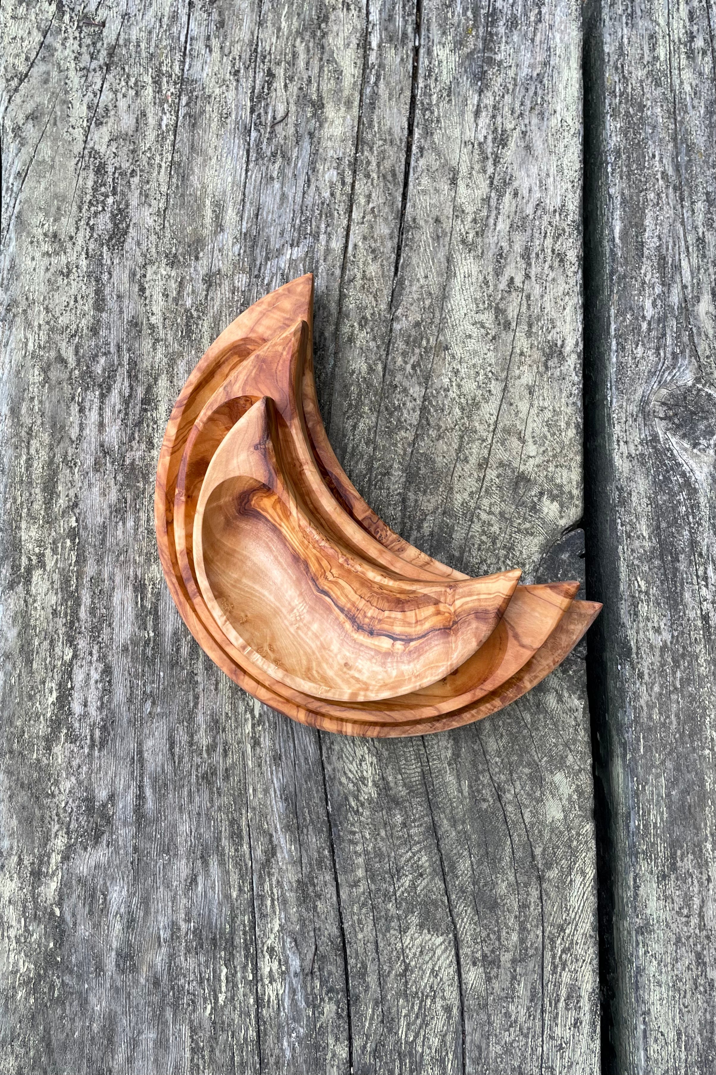 Olive Wood Moon Dish Set of 3 (S, M, L) — Crescent Moon Snack & Catchall Dishes
