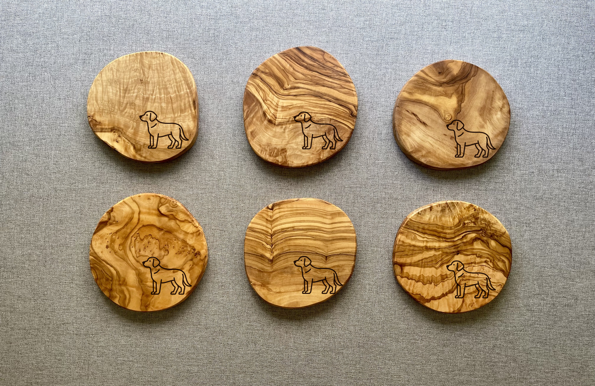 Olive Wood - Coasters, Icon Engraving (Set of 6)
