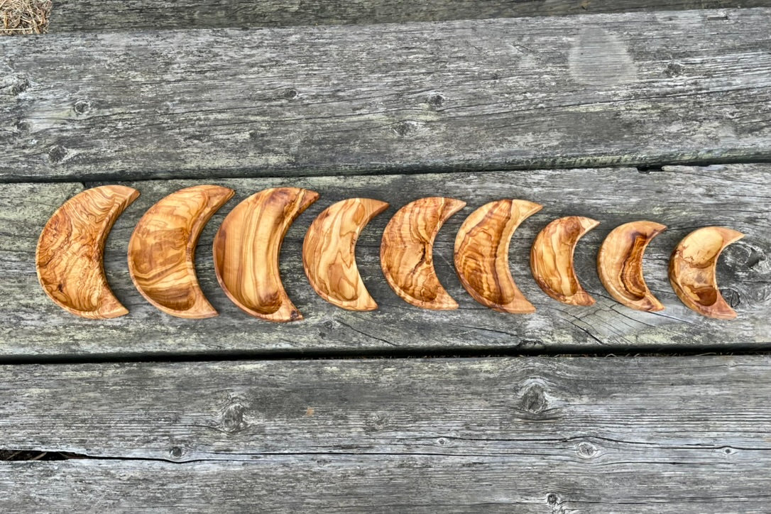 Olive Wood Moon Dish Set of 3 (S, M, L) — Crescent Moon Snack & Catchall Dishes