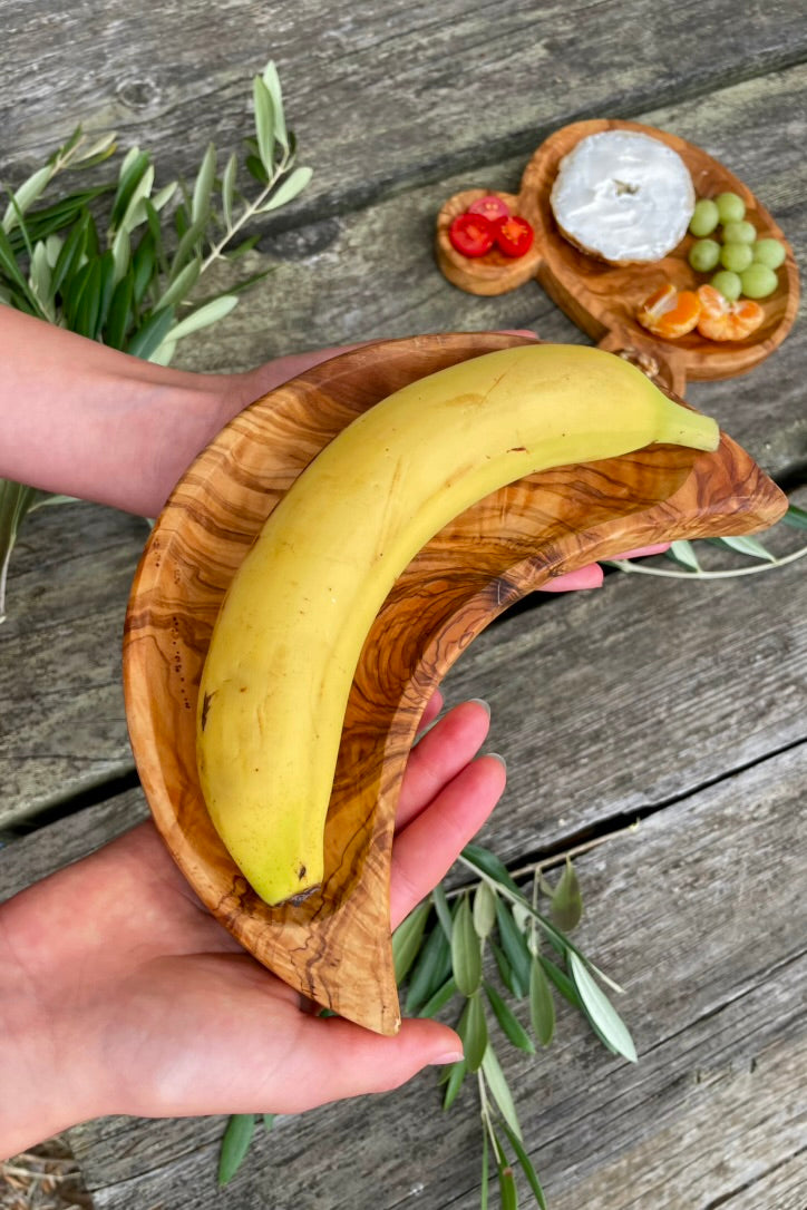 Olive Wood Moon Dish Set of 3 (S, M, L) — Crescent Moon Snack & Catchall Dishes