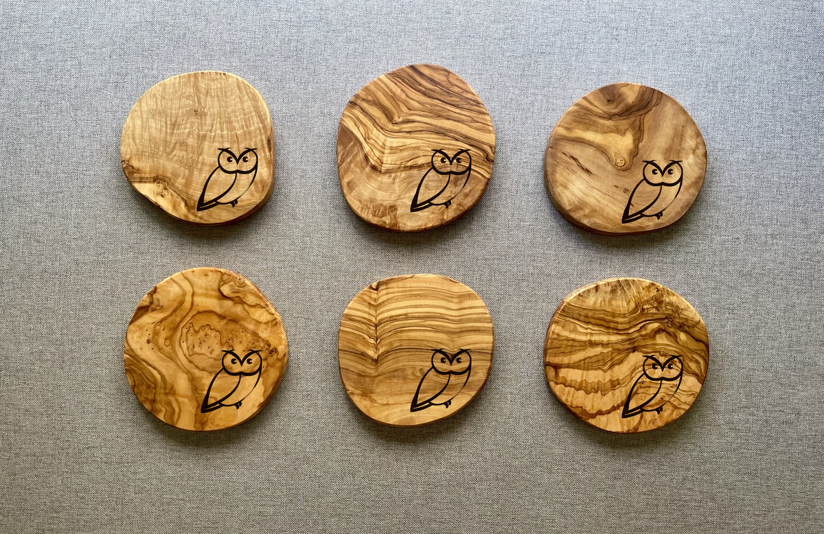 Olive Wood - Coasters, Icon Engraving (Set of 6)