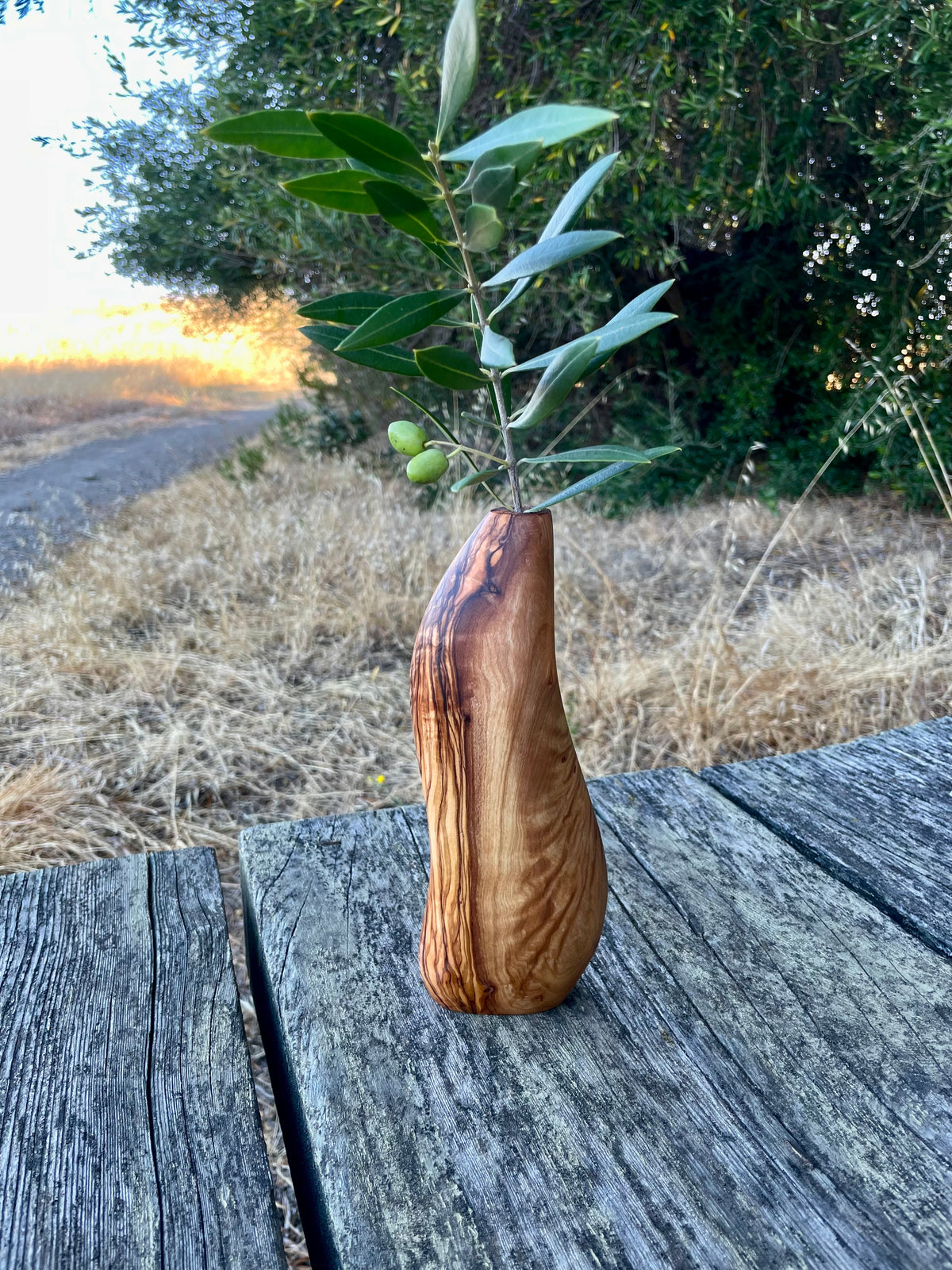Handmade olive wood dry vase with sculptural grain