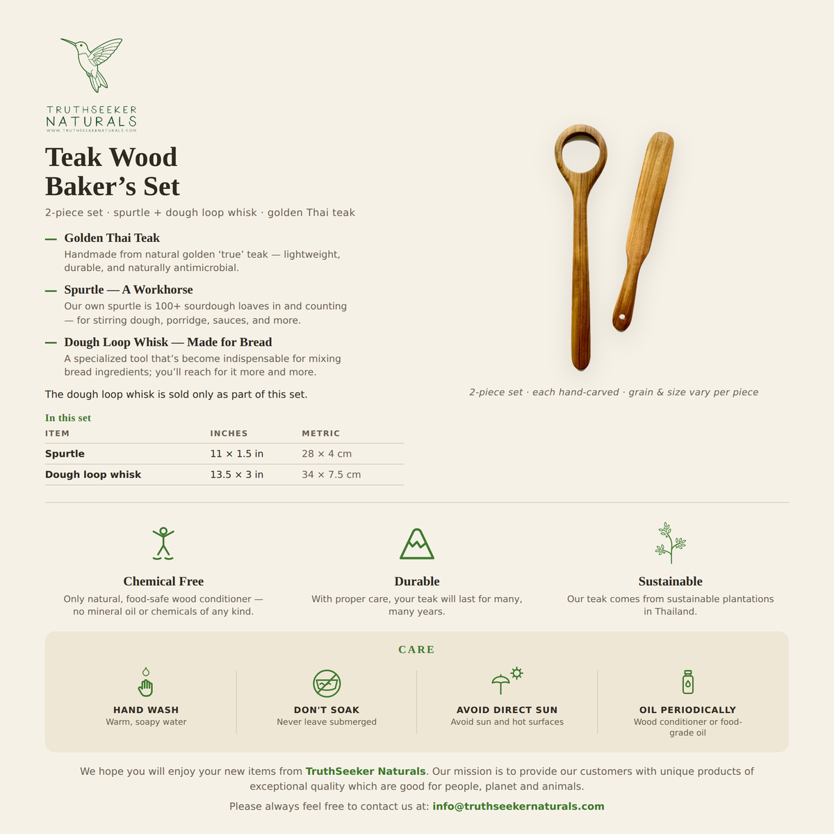 Teak Wood Sourdough Baker's Set – Spurtle & Danish Dough Whisk