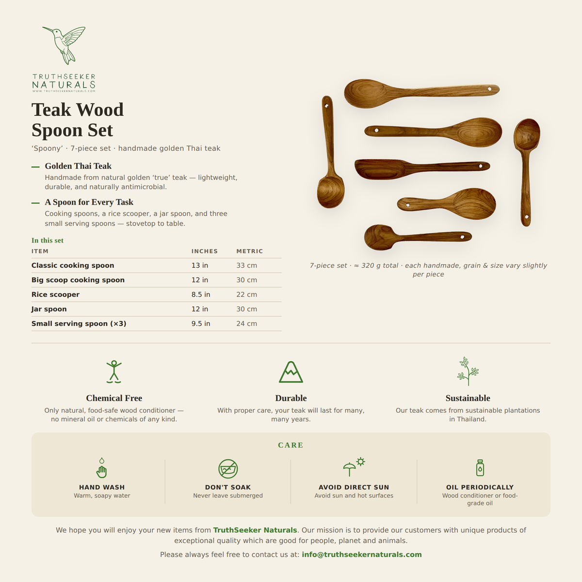 Spoony Teak Wood Spoon Set (7-Piece) – Wooden Cooking & Serving Spoons