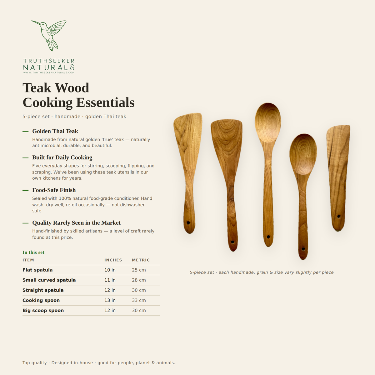 Teak Wood Cooking Utensil Set (5-Piece) – Wooden Spoons & Spatulas