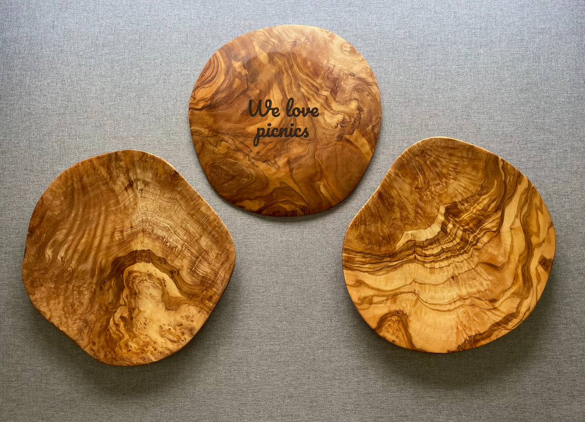 Olive Wood Thin Plates – Wooden Serving & Appetizer Plates (Single, Set of 3 or 6)