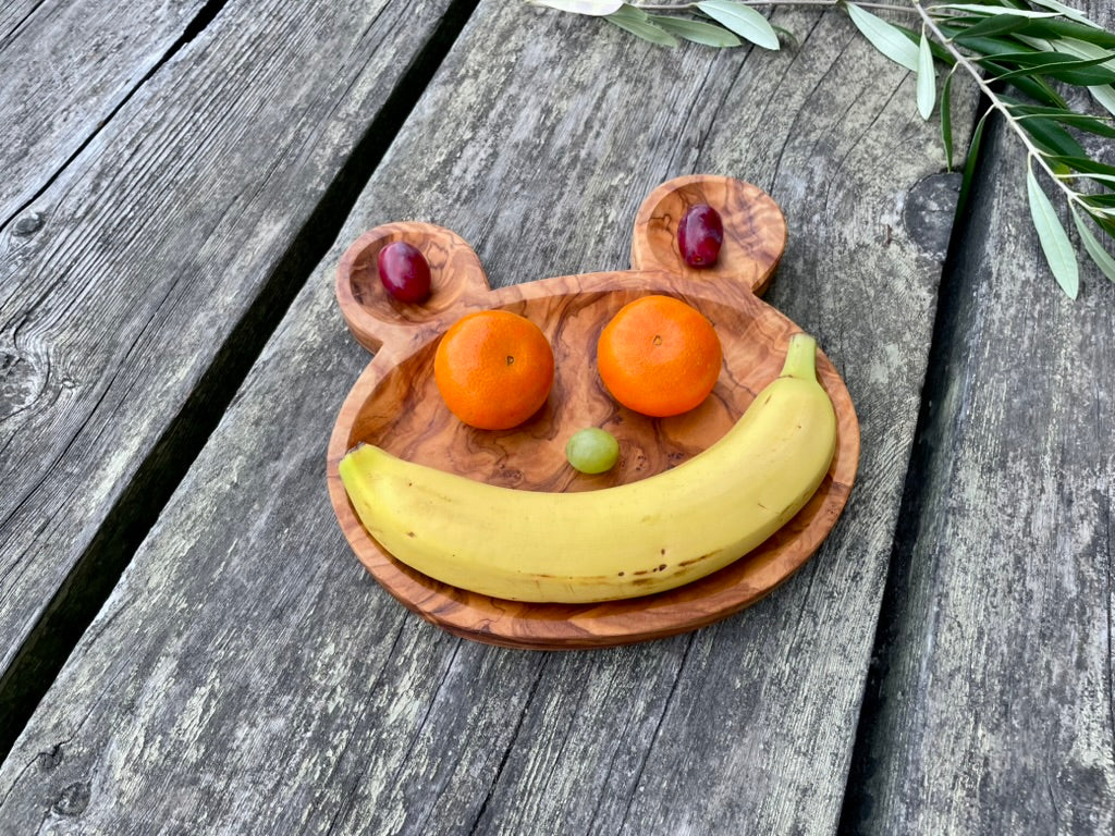 Olive Wood Bear Plate – Handmade Kids' Snack Plate