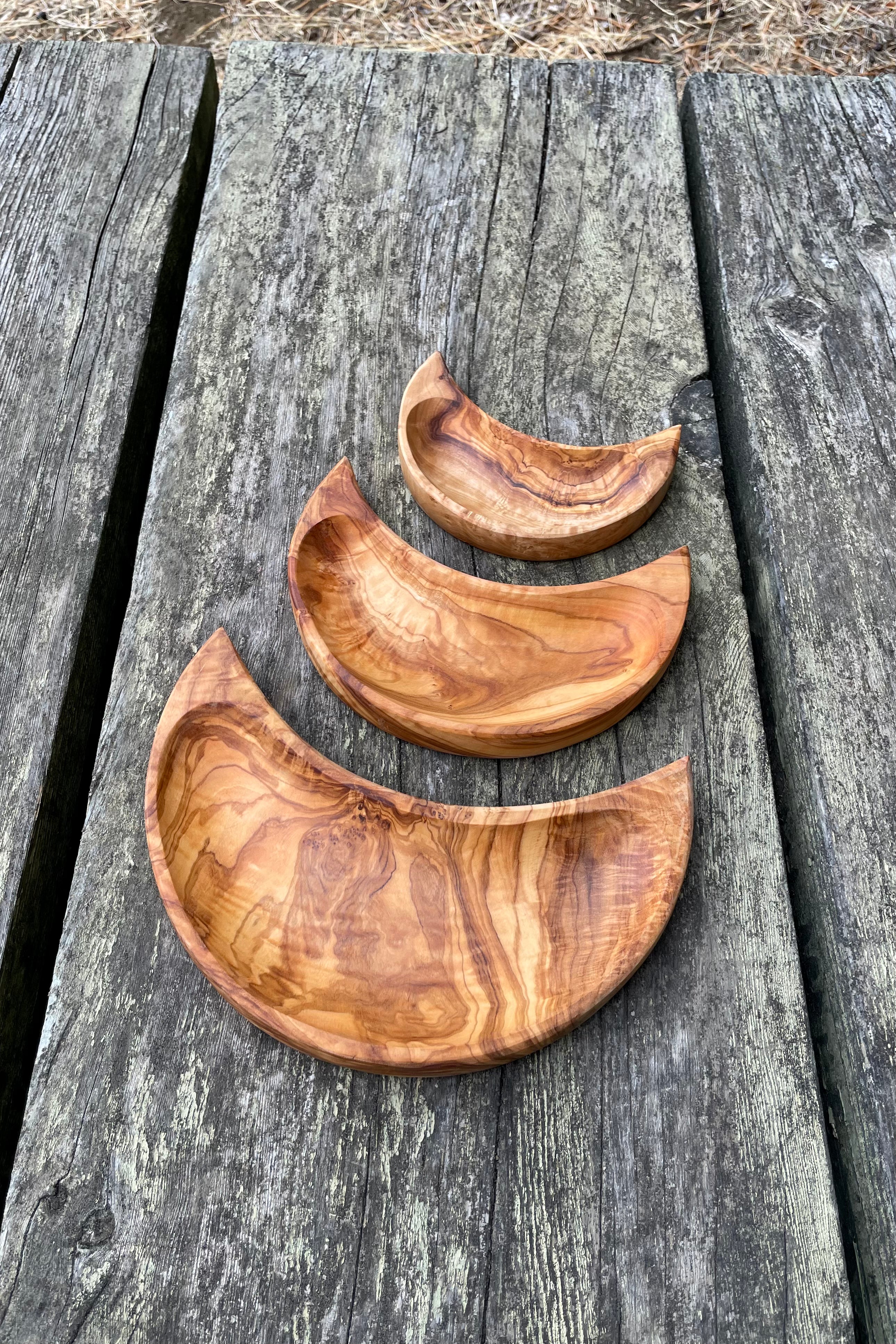 Olive Wood Moon Dish Set of 3 (S, M, L) — Crescent Moon Snack & Catchall Dishes