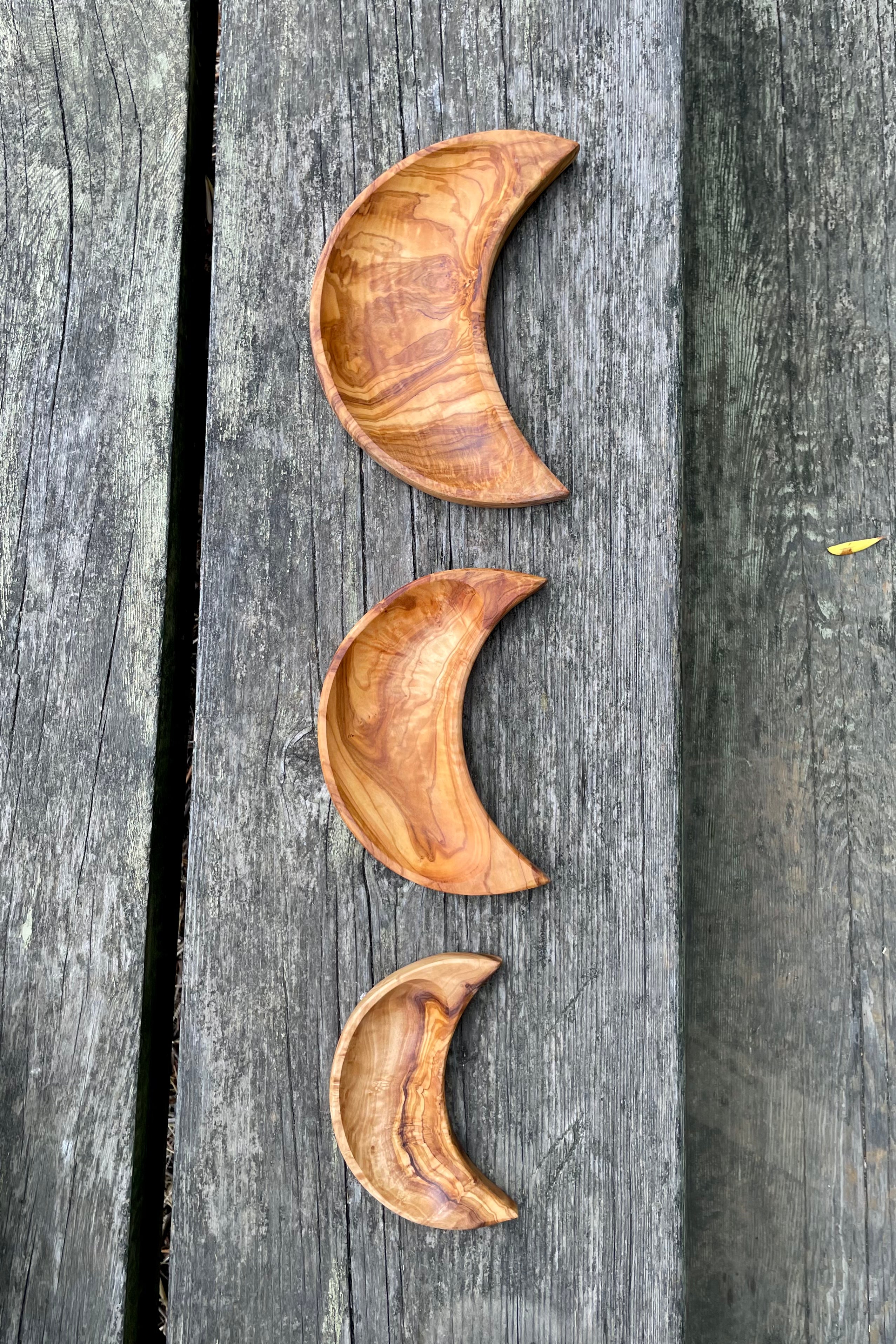 Olive Wood Moon Dish Set of 3 (S, M, L) — Crescent Moon Snack & Catchall Dishes