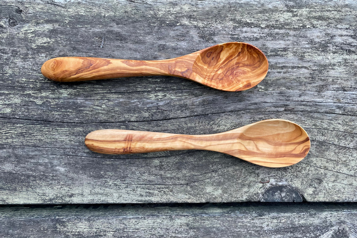 Olive Wood BIG Cooking Spoon Set of 2 – Big Handmade Matched Pair, Personalized Engraving Option