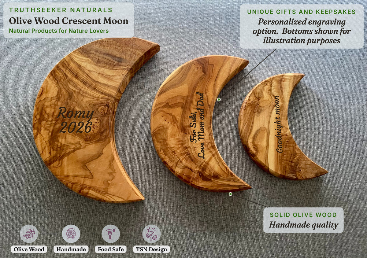 Olive Wood Moon Dish Set of 3 (S, M, L) — Crescent Moon Snack & Catchall Dishes