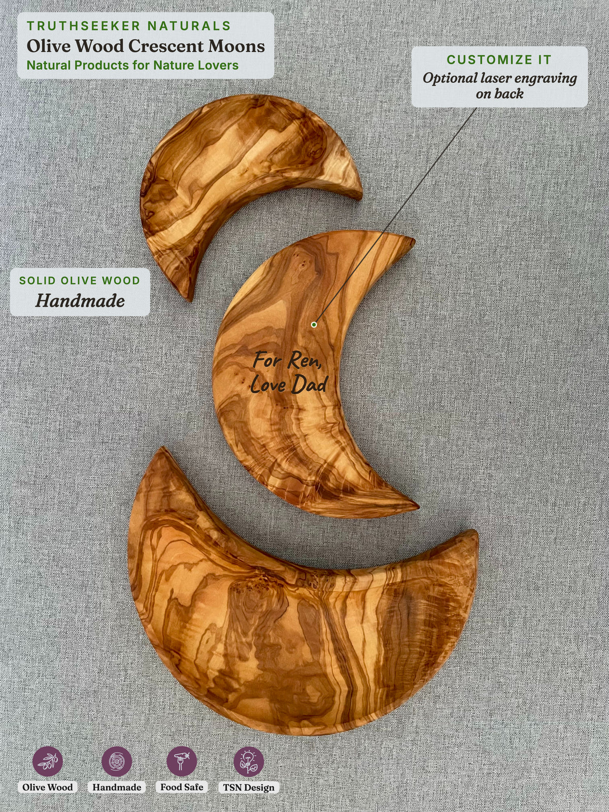 Olive Wood Moon Dish Set of 3 (S, M, L) — Crescent Moon Snack & Catchall Dishes