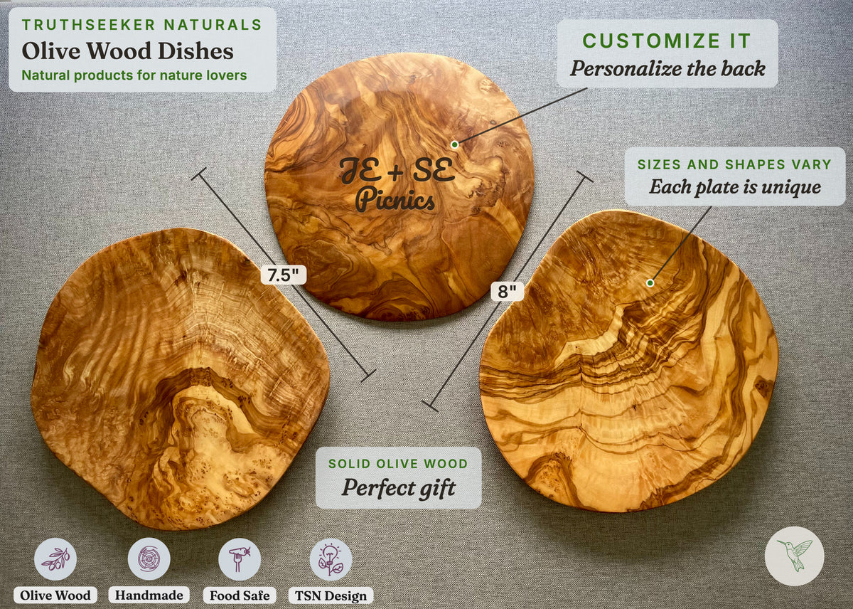 Olive Wood Thin Plates – Wooden Serving & Appetizer Plates (Single, Set of 3 or 6)