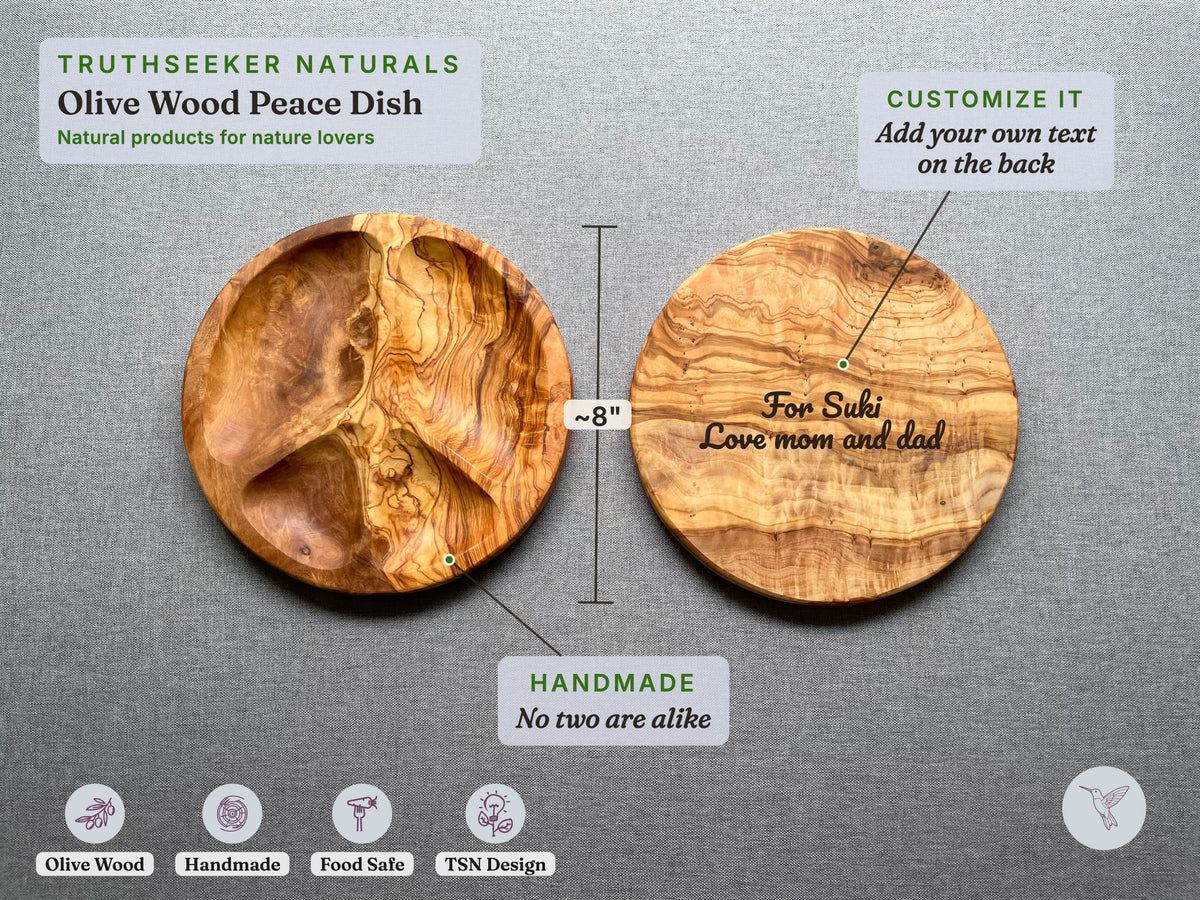 Olive Wood Peace Sign Plate – Handmade Round Trinket & Snack Plate