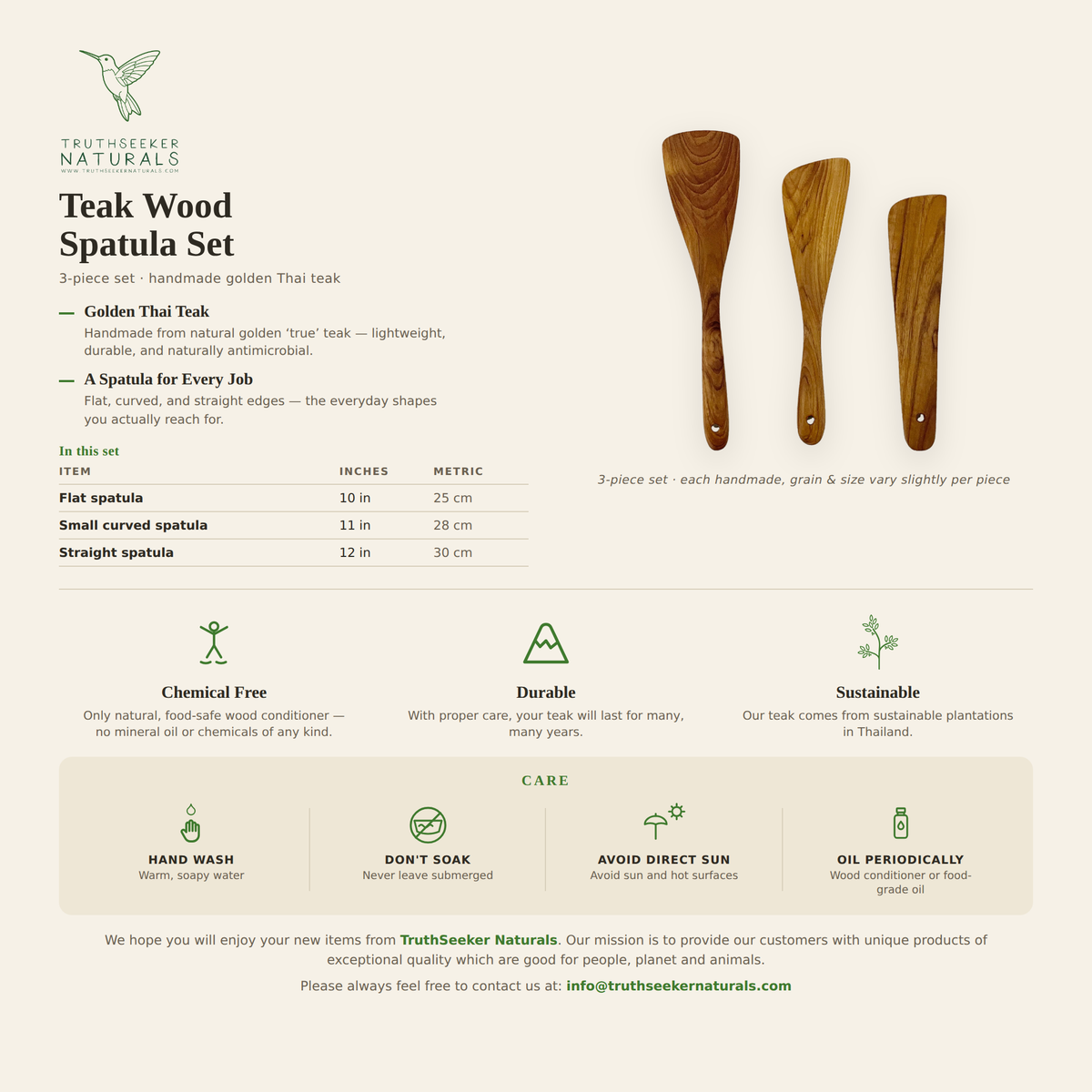 Teak Wood Spatula Set (3-Piece) – Natural Wooden Cooking Utensils
