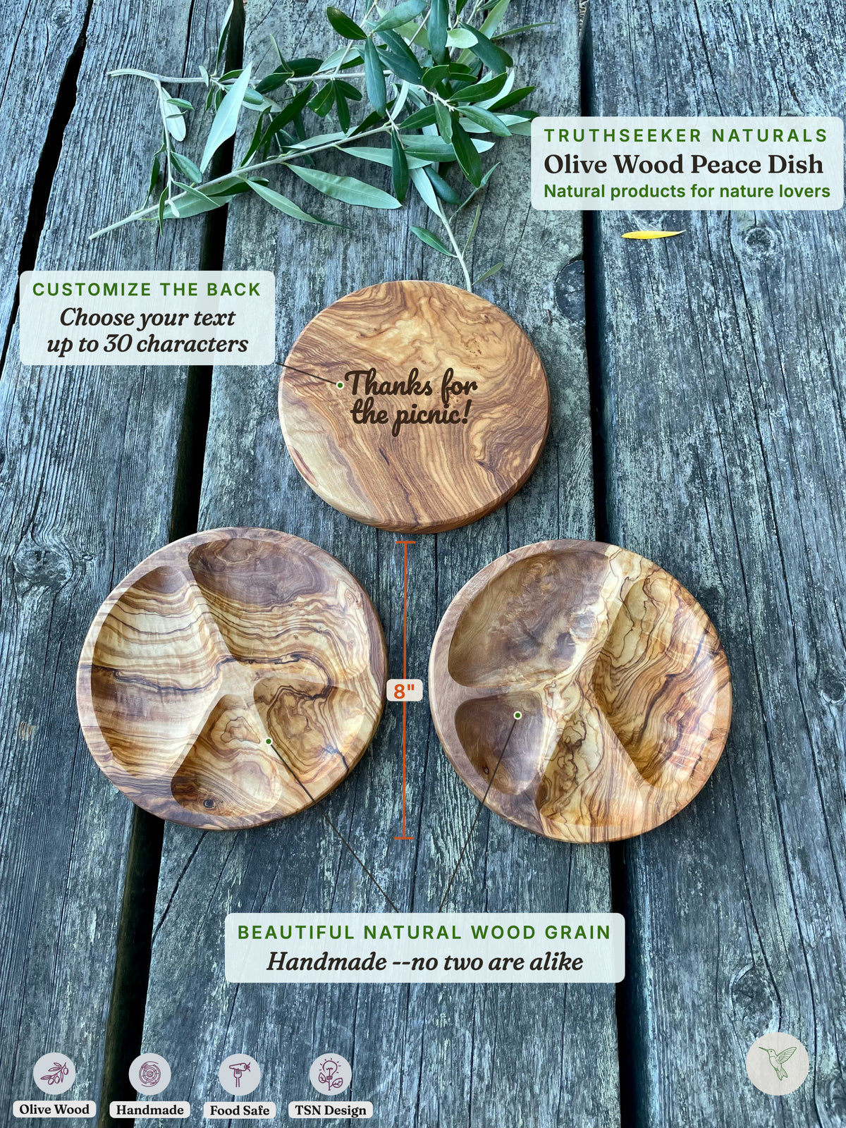 Olive Wood Peace Sign Plate – Handmade Round Trinket & Snack Plate