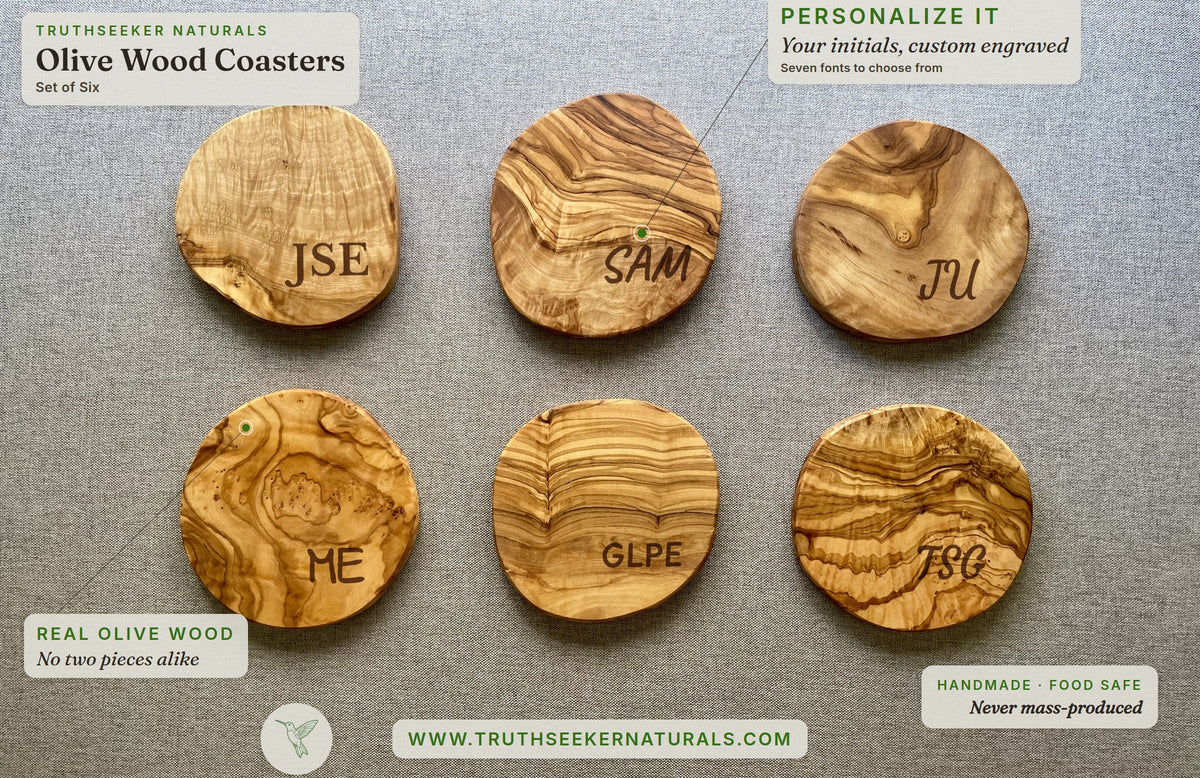 Handmade olive wood coasters with custom engraved initials